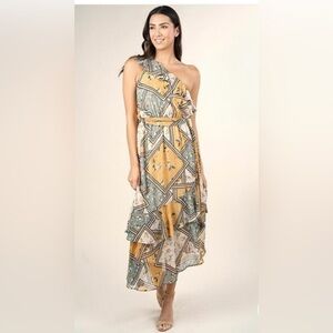 Love stitch Maxi dress Brown/ floral print M one shoulder Ruffled resort,wedding